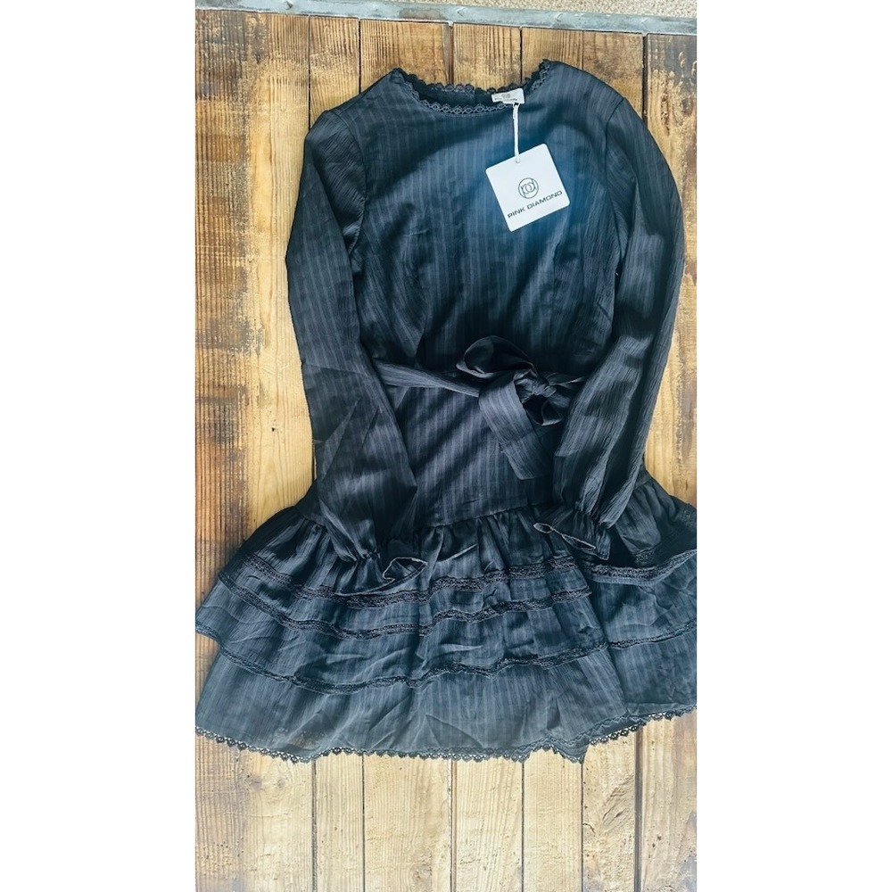 NWT Pink Diamond Black Long Sleeve Ruffle‎ Mini Dress Crochet Lace Trim Womens